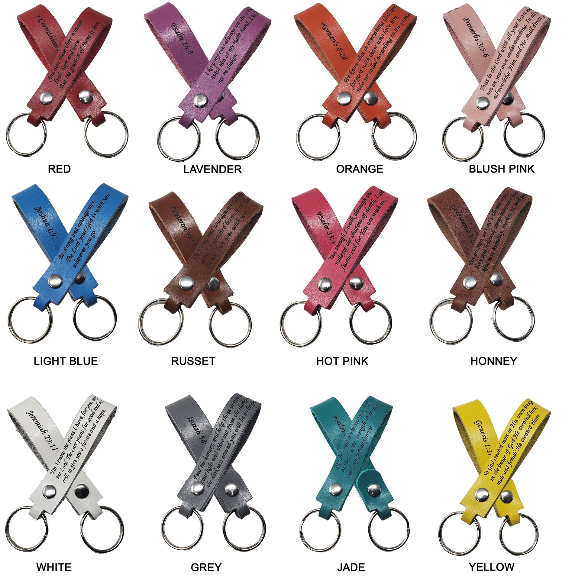 Bible Verse keychains laser engraved in 12 bright leather colors. 