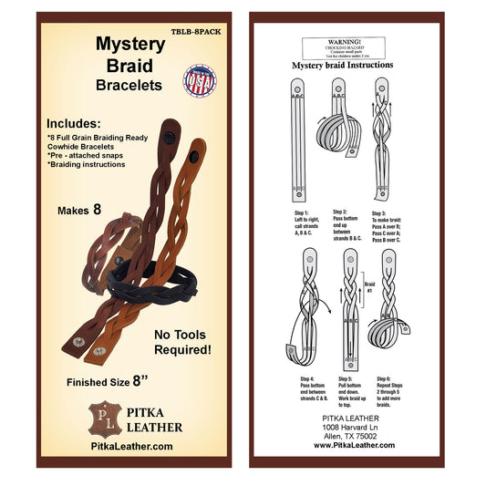 DIY kit for mystery braid leather bracelets, including all materials and instructions to create custom, stylish leather accessories.