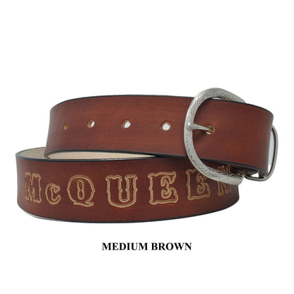 Personalized mans leather belt medium brown