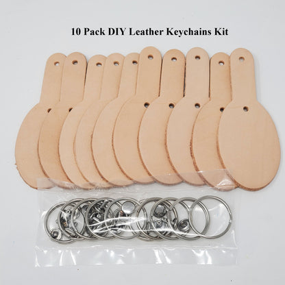 Blank vegetable tanned leather keychain kit, DIY crafting set with customizable oval leather pieces, perfect for personalized keychains and accessories.