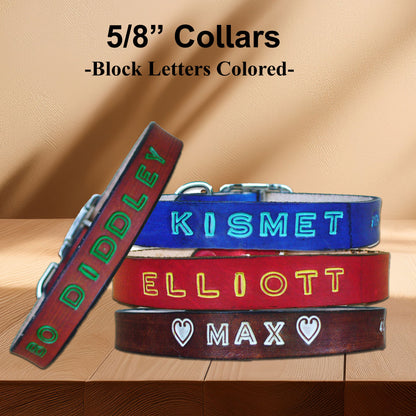 Personalized leather dog collars in various colors, hand-stamped with custom names for small-sized dogs.