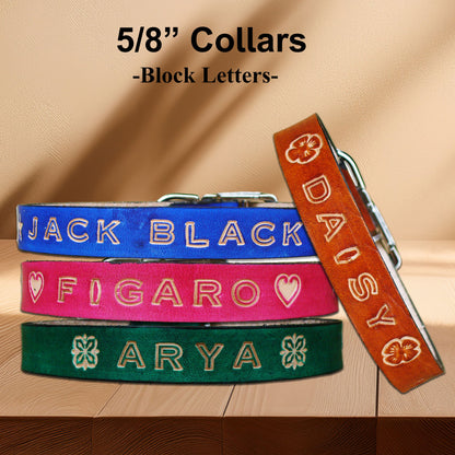 Small-sized custom leather dog collar in various colors featuring engraved name and burnished edges for comfort.