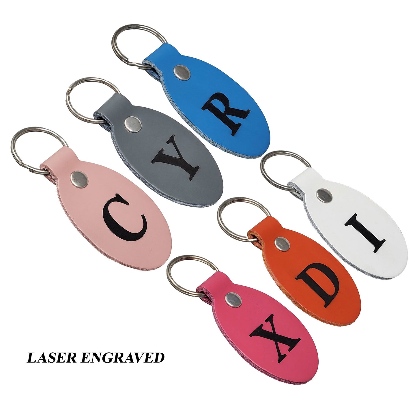 Laser engraved oval leather keychains with alphabet letters