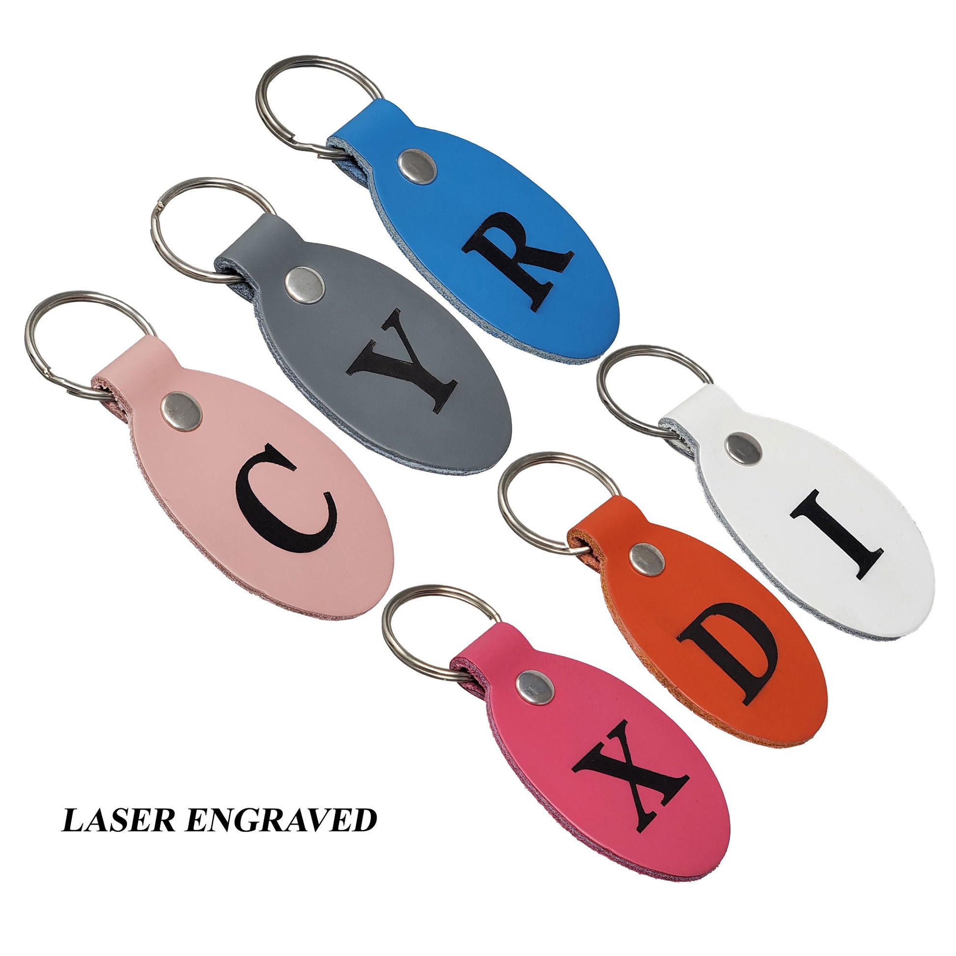 Laser engraved oval leather keychains with alphabet letters