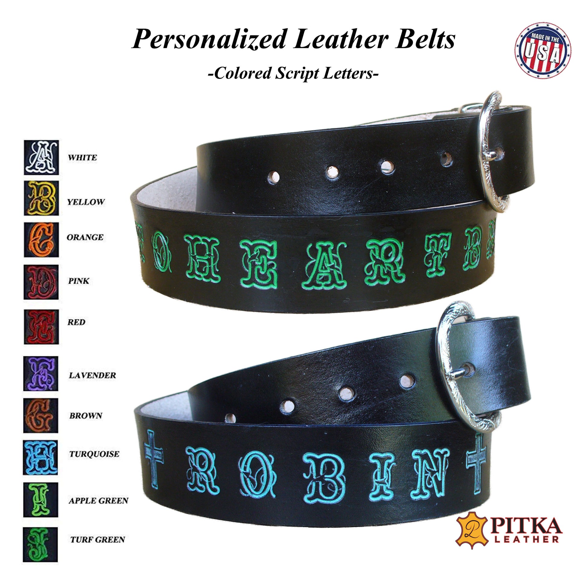 Black leather belt personalized with name in script colored letters