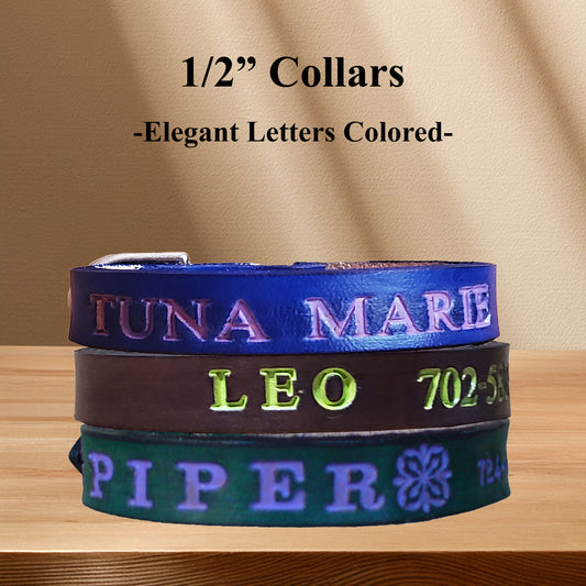 Close-up of name engraving on a small leather dog collar for puppies, showcasing precise hand stamping and optional color fill.