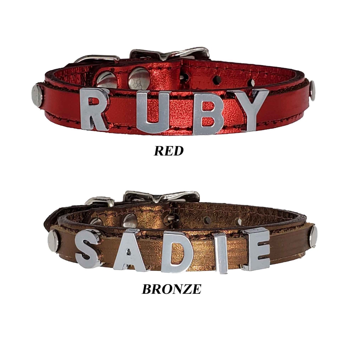 1/2" Luxury Metallic Leather Dog Collar with Slide-on Letters