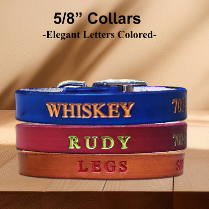 Close-up of name engraving on a small leather dog collar, showcasing precise hand stamping and optional color fill.