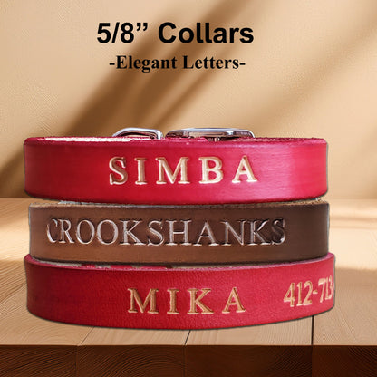 Close-up of a small leather dog collars with custom name engraving, highlighting the high-quality craftsmanship