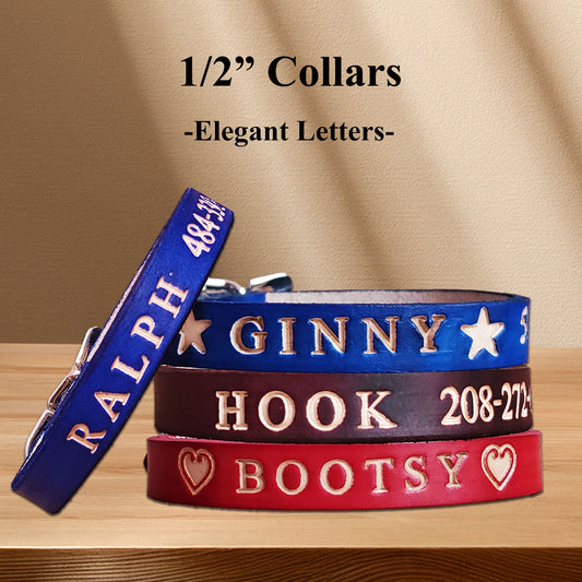 Close-up of name engraving on a extra small leather dog collar, showcasing precise hand stamping and optional color fill.