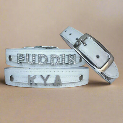 White Leather Dog Collars for Large Breeds – Personalized with Bling Letters