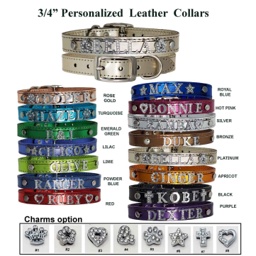 Small dog leather collars personalized with rhinestones letters