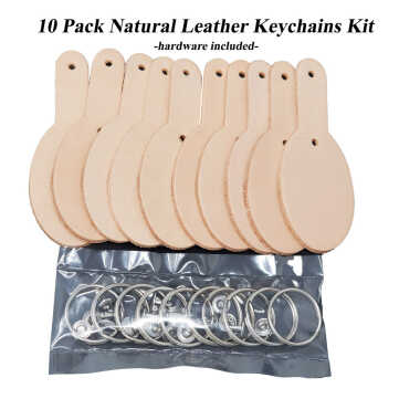 PitkaLeather Leather Keychains Blank - 8 Pack Natural Leather Keyrings - Stamping, Engraving, Tooling, Decorating Ready - Schools, Fundraising, Camps